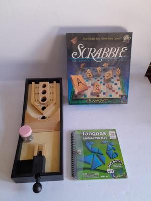 Sealed Scrabble Board game, new Tangos' Puzzle  and wooden Miniature Skeet ball game with metal marbles