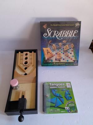 Sealed Scrabble Board game, new Tangos' Puzzle  and wooden Miniature Skeet ball game with metal marbles