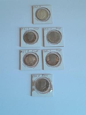 Six Kennedy Half Dollars 1964, 1983, 1984, 1985, 1986, and 1989