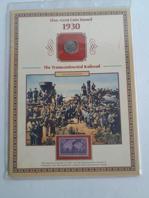 Commemorative 1930 The Transcontinental Railroad Buffalo Nickel and 3 cent stamp Collectors card
