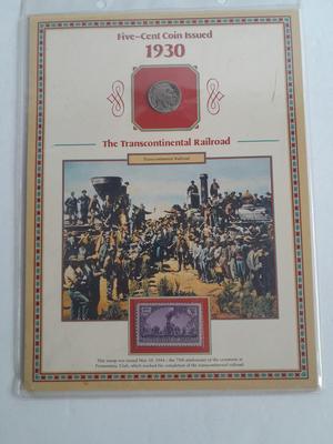 Commemorative 1930 The Transcontinental Railroad Buffalo Nickel and 3 cent stamp Collectors card