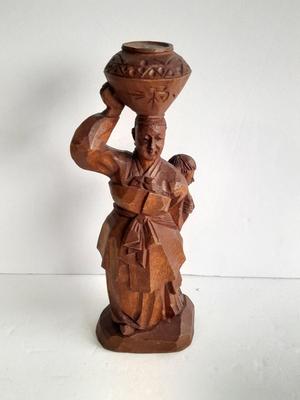 "A Mother's Strength" Vintage 1970s Hand Carved Wooden Asian Figure