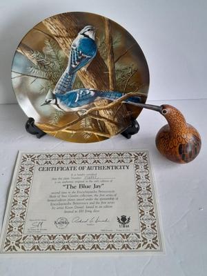 Hand Carved Peruvian Folk Art Dried Gourd Decorative Handmade Bird And "The Blue Jay" Plate with COA
