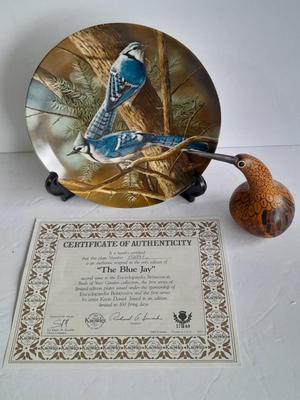 Hand Carved Peruvian Folk Art Dried Gourd Decorative Handmade Bird And "The Blue Jay" Plate with COA