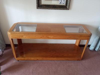 2 TIER OAK SOFA TABLE WITH GLASS PANELED TOP