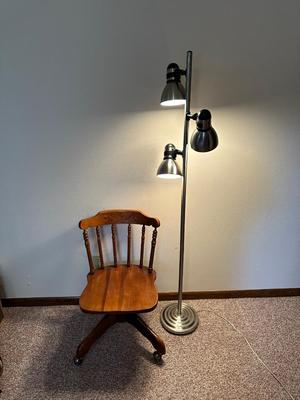 VINTAGE SOLID WOODEN DESK CHAIR AND FLOOR LAMP