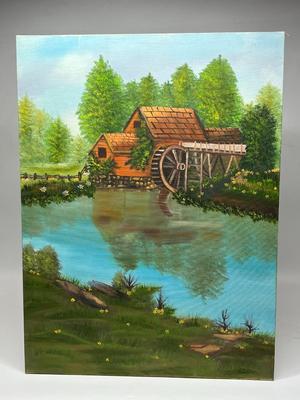Retro Acrylic Oil Painting Rustic Watermill Amateur Artist Painting