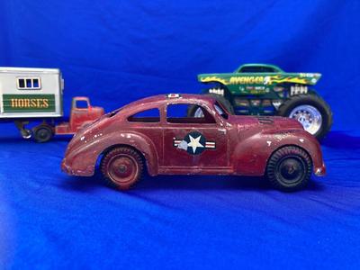 VINTAGE TOOTSIE TRUCK, TRAILER, AND OLD CAR