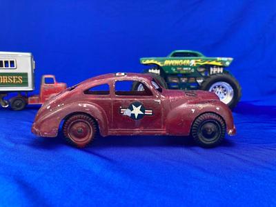 VINTAGE TOOTSIE TRUCK, TRAILER, AND OLD CAR