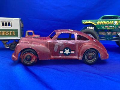 VINTAGE TOOTSIE TRUCK, TRAILER, AND OLD CAR