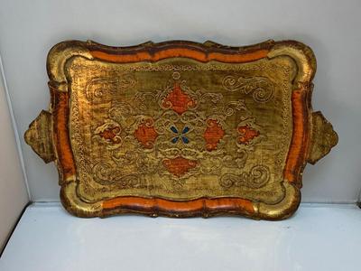 Vintage Mid Century Hollywood Regency Italian Florentine Gold & Orange Toleware Serving Tray Platter