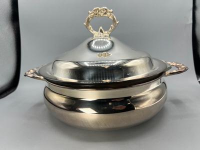 Vintage Silver Plate Stainless Lidded Casserole Soup Tureen Serving Dish with Glass Fire King Bakeware Bowl