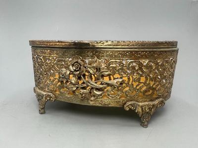 Vintage Oval Hollywood Regency Ormolu Jewelry Casket Brass Gold Tone Filigree & Glass