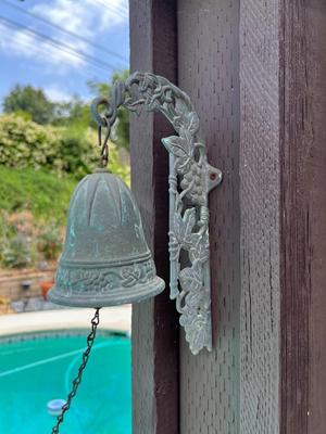 Weathered Patina'd Brass Wall Hanging Bell Grapevine Grapes Motif