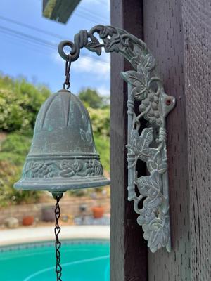 Weathered Patina'd Brass Wall Hanging Bell Grapevine Grapes Motif