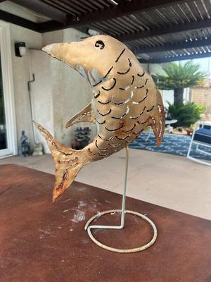 Weathered Metal Fish Candle Holder Garden Yard Art