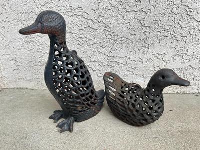 Pair of Open Work Cast Metal Ducks Geese Birds Garden Art Patio Decor Candle Holder Luminaire