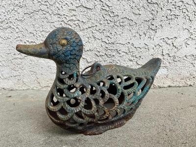 Weathered Painted Cast Metal Duck Goose Candle Holder Luminaire