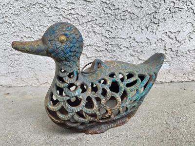Weathered Painted Cast Metal Duck Goose Candle Holder Luminaire