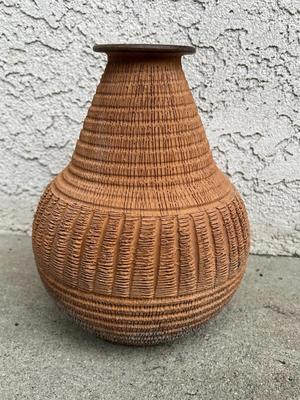Retro Italian Etched Handmade Terracotta Pottery Art Textured Flower Vase