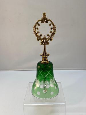 Vintage Green Cut to Clear Bohemia Style Glass Bell with Brass Tone Metal Top