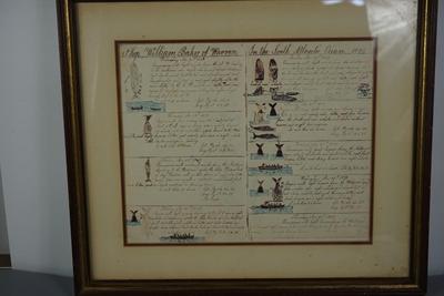 FRAMED PAGE OF A WHALERS DIARY. REPRODUCTION PRINT. FOLK ART STYLE FRAMED