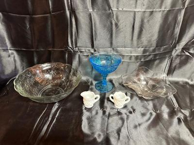 DEPRESSION GLASS, BLUE GLASS COMPOTE AND HOBNAIL CREAM/SUGAR SET