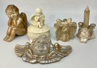 Lot of Cherub Angel Decor Ceramic Lidded Trinket Dish, Plaster Candle Holder, Wall Hanging Plaque & More