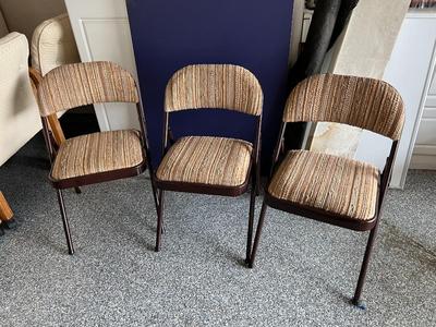 Vintage Samsonite Beige Brown Striped Tweed Padded Folding Chairs