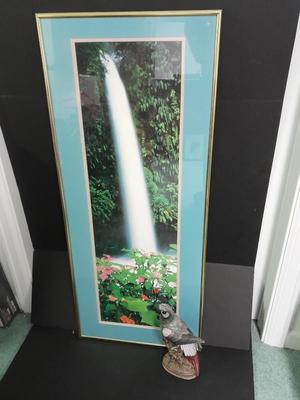 Framed waterfall Picture and Porcelain parrot figure