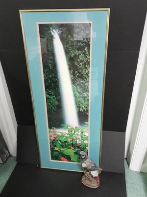 Framed waterfall Picture and Porcelain parrot figure