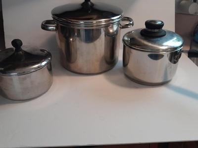 Three stainless steel Kitchen Pots with lids