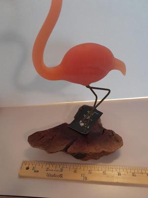John Perry Studio Pink Flamingo Pellucida Resin Sculpture on Burlwood base