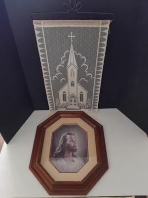 Hanging lace tapestry and framed Jesus wall art