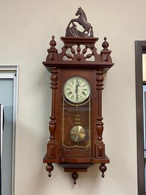 Vintage R&A Solid Wood Western Horse Cowboy Style Wall Pendulum Chime Clock