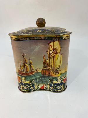 Vintage Nautical Maritime Sailing Ships Cookie Biscuit Tin Seahorses and Flowers Lid