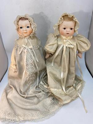 Pair of Vintage Bisque Porcelain Musical Lullaby Music Box Baby Dolls