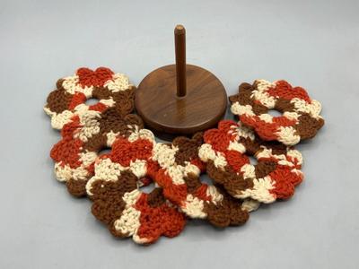 Vintage Set of Autumn Fall Color Knitted Mug Wreath Coasters