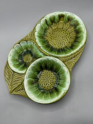 Vintage California Pottery Art Deco Green Flower Power Divided Serving Display Dish