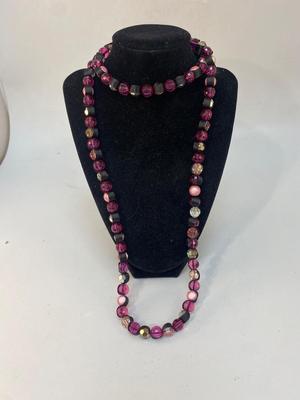 Extra Long Pink Tone Bead and Black Ribbon Necklace
