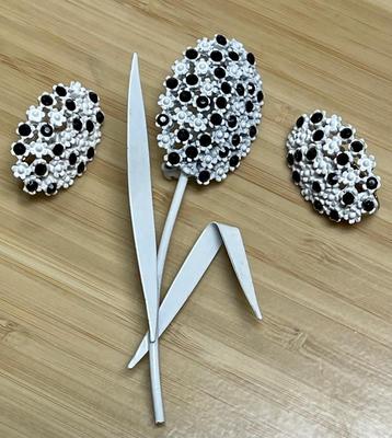 Vintage White Enamel & Black Rhinestone Pin and Earring Set Cluster Flowers