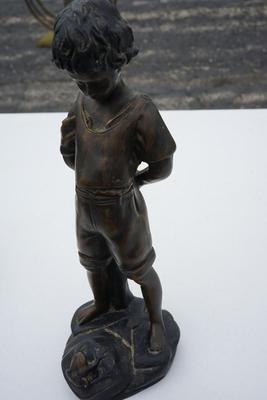EARLY 1900'S ANTIQUE BRONZE 15" STATUE OF BOY GAZING AT A FROG.