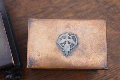 FOUR PIECE Poss.HEINZ ART/ DESK SET TO INCLUDE LETTER HOLDER, CLIP STAMP BOX & DESK PAD CORNERS.