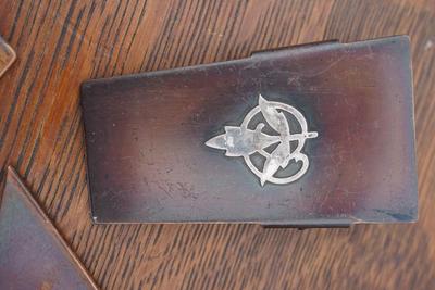 FOUR PIECE Poss.HEINZ ART/ DESK SET TO INCLUDE LETTER HOLDER, CLIP STAMP BOX & DESK PAD CORNERS.