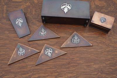 FOUR PIECE Poss.HEINZ ART/ DESK SET TO INCLUDE LETTER HOLDER, CLIP STAMP BOX & DESK PAD CORNERS.