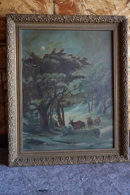 PRIMITIVE ANTIQUE STYLE OIL ON CANVAS OF DEER IN THE WOODS /GESSO FRAME