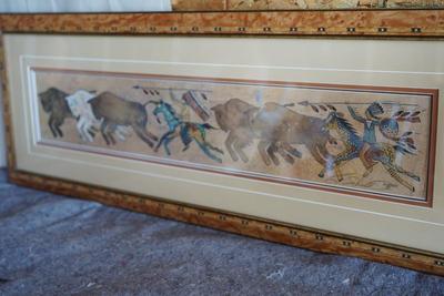 KEN SCHMIDT PRINT BISON HUNT.  3FT. FRAMED IN A INLAY FRAME.