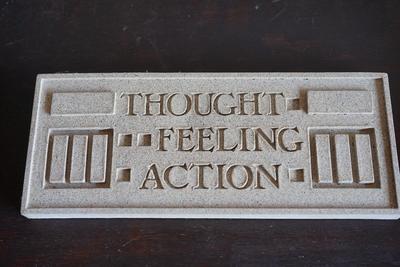 FRANK LLOYD WRIGHT PLAQUE - THOUGHT, FEELING , ACTION. Copy from D. S Larkin building
