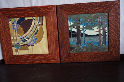 PAIR OF PRAIRIE STYLE MOTAWI TILES. FRAMED IN QUARTER SAWN OAK