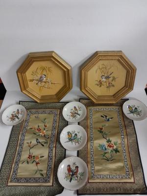 Two Vintage Chinese Silk Hand Embroidered bird and Flower textile Panels- Bird pictures and plates